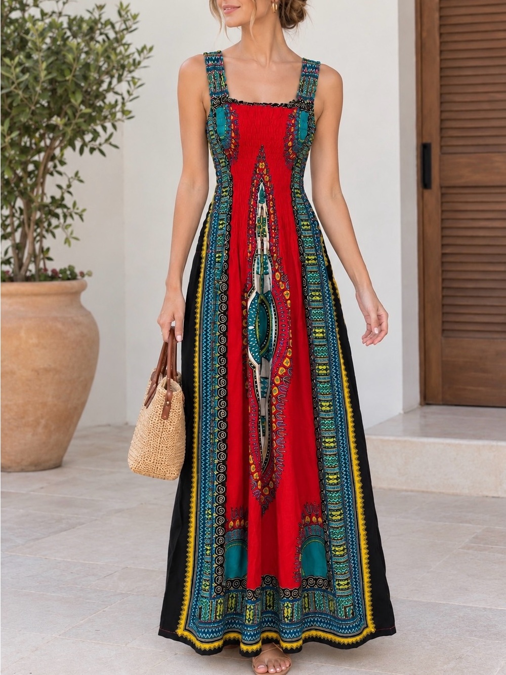 India Boutique Bohemian Red Patterned Smocked Maxi Dress Light One Size women